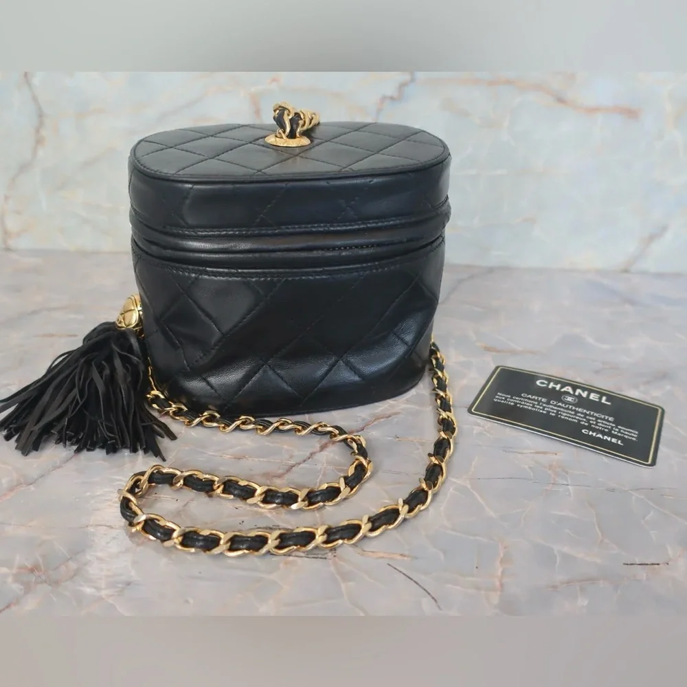 Authentic CHANEL vintage mini vanity bucket 24k gold black lambskin leather bag